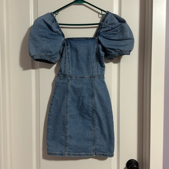 Ladies puff sleeve mini denim dress - Picture 1 of 1